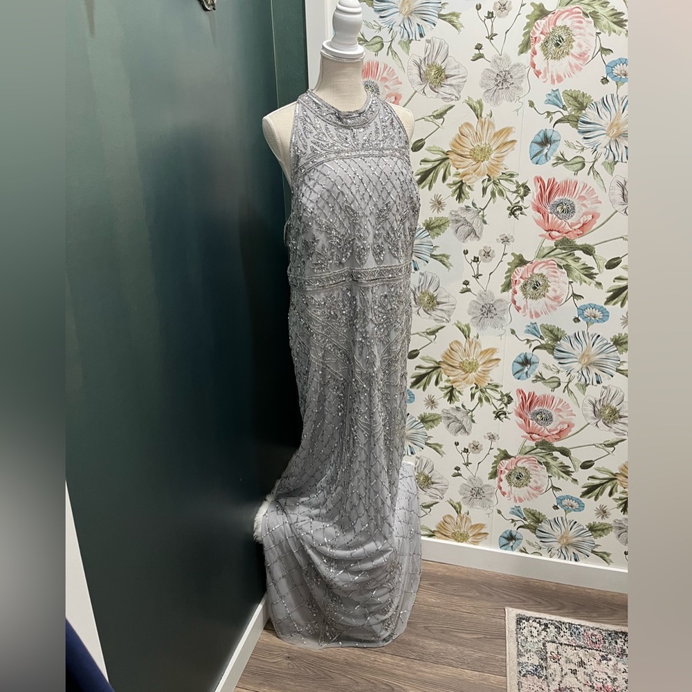 Adrianna Papell Beaded Halter Neck Gown With T-back Detail